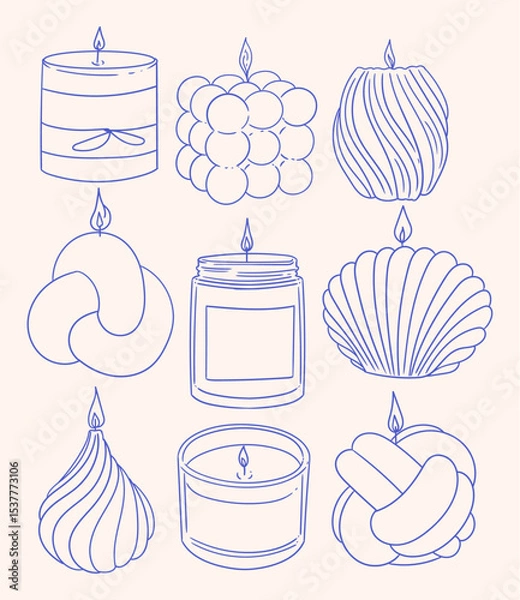 Obraz Set of hand-drawn handmade candles in different shapes. Minimalist linear illustrations of candles for packaging, business cards, posters, and graphic design.
