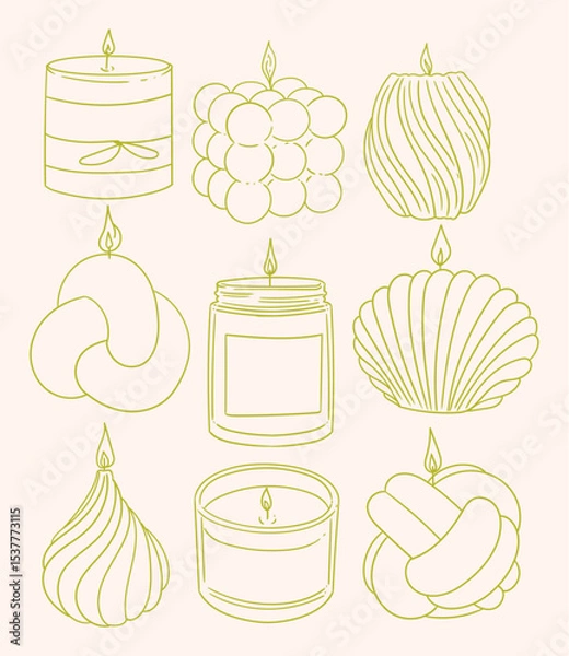 Obraz Set of hand-drawn handmade candles in different shapes. Minimalist linear illustrations of candles for packaging, business cards, posters, and graphic design.