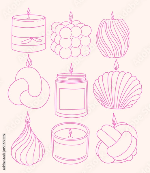 Obraz Set of hand-drawn handmade candles in different shapes. Minimalist linear illustrations of candles for packaging, business cards, posters, and graphic design.