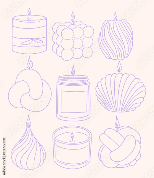 Obraz Set of hand-drawn handmade candles in different shapes. Minimalist linear illustrations of candles for packaging, business cards, posters, and graphic design.