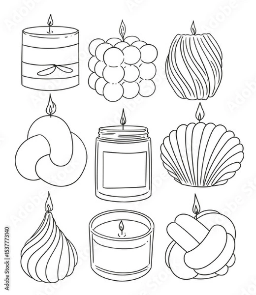 Obraz Set of hand-drawn handmade candles in different shapes. Minimalist linear illustrations of candles for packaging, business cards, posters, and graphic design.