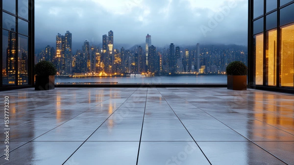 Fototapeta Calm rooftop view showcases city skyline reflecting on dark water, creating serene atmosphere
