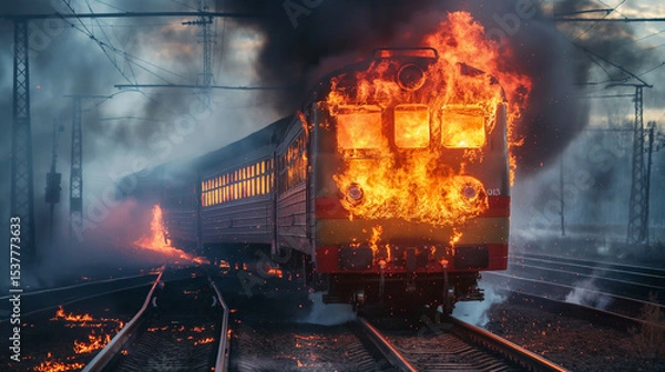 Obraz Accident on the railway tracks, the train in fire dynamic motion
