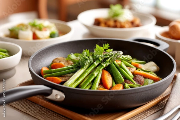 Obraz A skillet filled with cooked asparagus, carrots, and mushrooms sits on a table set for a meal with other dishes blurred in the background.