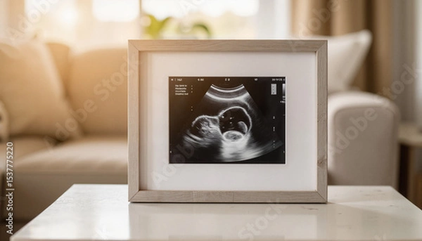 Fototapeta Framed ultrasound photo of a baby on table in living room setting  