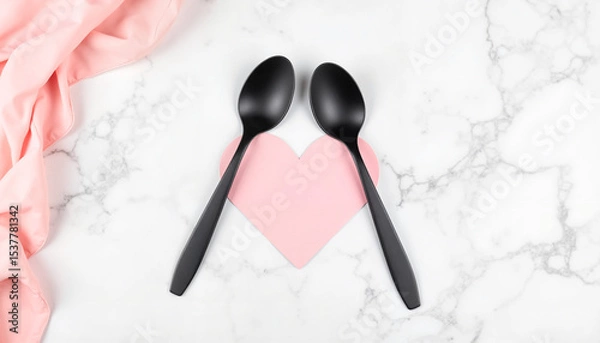 Fototapeta Black spoons arranged in heart shape on marble surface with fabric  