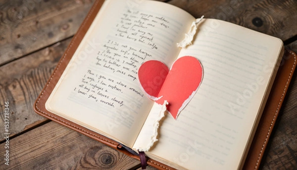 Fototapeta Open notebook with heart cutout and handwritten poetry on wood  