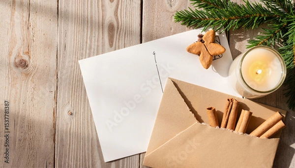 Fototapeta Festive envelope with cinnamon sticks and candle on wooden table  