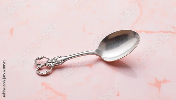 Fototapeta Silver spoon with ornate handle on pink marble background  