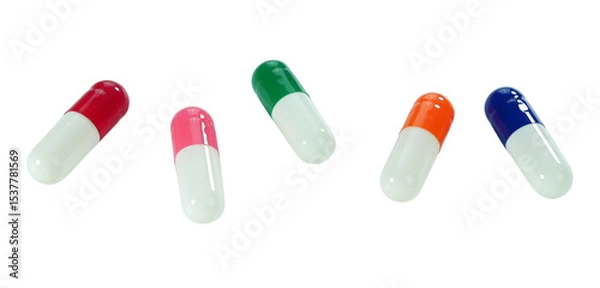 Fototapeta Bulk multi-colored capsule pills isolated on white background.