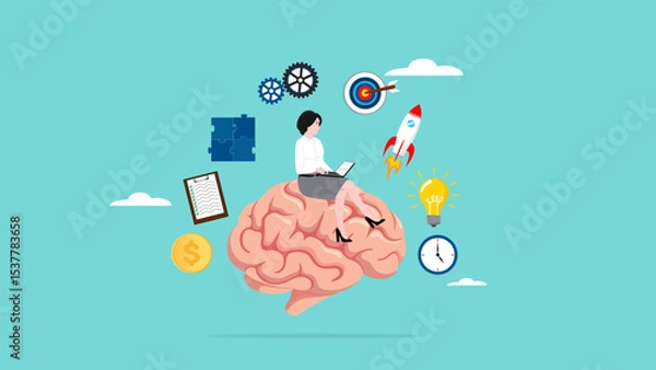 Fototapeta Genius and Expert at learning new skills With Accelerated Learning, intelligence or competence to develop self-capacity, capacity building, woman work on human brain with business management elements
