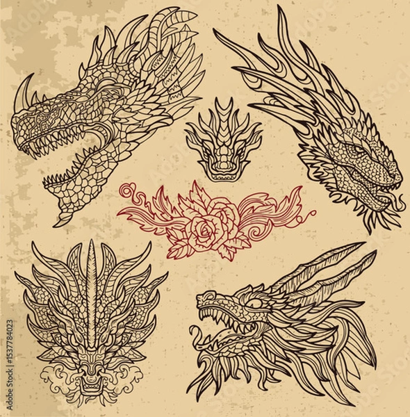 Fototapeta Design set with fantasy illustrations of dragons and decorated elements for tattoo, print, tarot cards. Vector line art drawings. Mystic, epic and adventures concept 