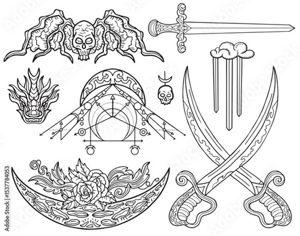 Fototapeta Design set with fantasy illustrations of sword, demons and decorated elements for tattoo, print, tarot cards. Vector line art drawings isolated on white. Mystic, epic and adventures concept 