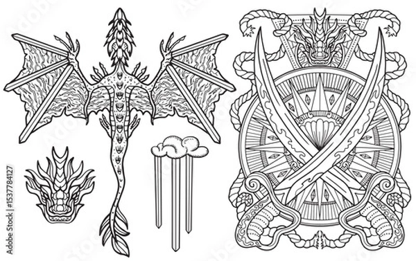 Fototapeta Design set with fantasy illustrations of dragon, swords and decorated elements for tattoo, print, tarot cards. Vector line art drawings isolated on white. Mystic, epic and adventures concept 
