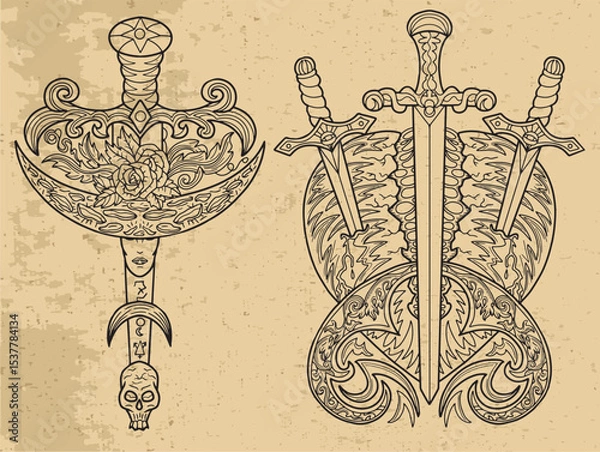 Fototapeta Design set with fantasy illustrations swords of and decorated elements for tattoo, print, tarot cards. Vector line art drawings. Mystic, epic and adventures concept 