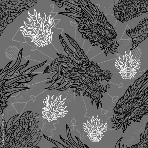 Fototapeta Seamless pattern with fantasy illustrations of dragons and decorated elements. Vector line art background with mystic, epic and adventures concept 