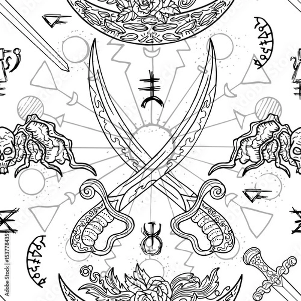 Fototapeta Seamless pattern with fantasy illustrations of swords, demons, mystic signs and decorated elements. Vector line art background with vintage, epic and adventures concept 