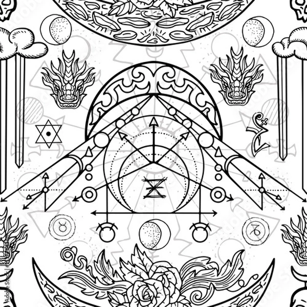 Fototapeta Seamless pattern with fantasy illustrations of moon, rose, sacred geometry, mystic symbols and decorated elements. Vector line art background with vintage, epic and adventures concept 