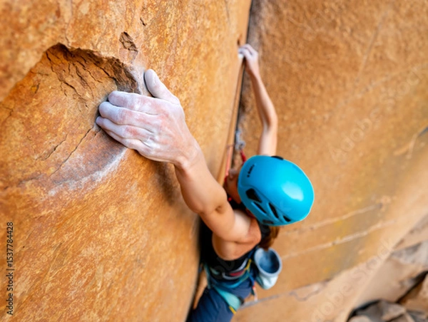 Obraz An experienced climber ascends a rocky face, showcasing skills and determination under clear skies in a breathtaking natural landscape. Generative AI.