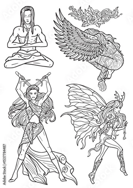 Fototapeta Design set with fantasy characters of angel, warrior, fairy and decorated elements for tattoo, print, tarot cards. Vector line art drawings isolated on white. Mystic, epic and adventures concept 