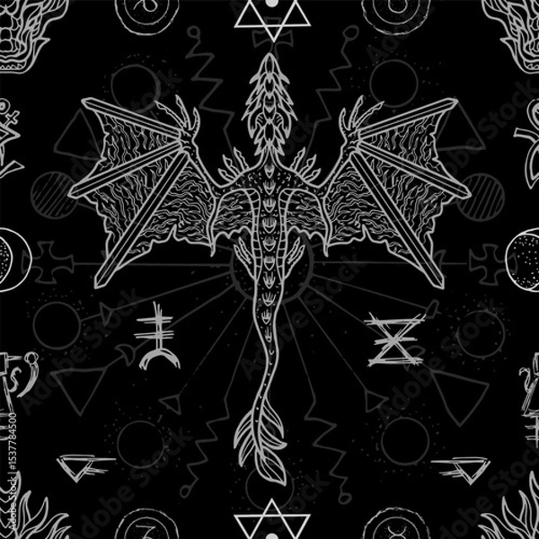 Fototapeta Seamless pattern with fantasy illustrations of dragon, sacred geometry, mystic symbols and decorated elements. Vector line art background with vintage, epic and adventures concept 
