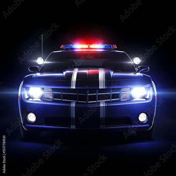 Fototapeta Police car front view in dark background. Possible use Stock photo for law enforcement or crime scenes