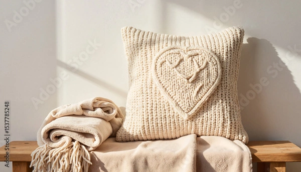 Fototapeta Cozy knitted cushion with heart design and soft blanket on bench  