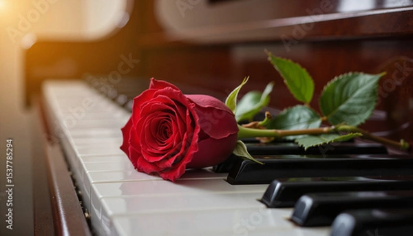Fototapeta Red rose resting on piano keys in warm natural light  