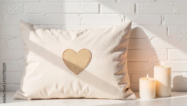 Fototapeta Decorative pillow with heart design beside candles on a table  