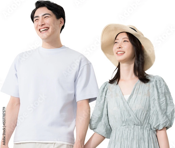 Fototapeta Easy-to-use transparent (png) background composite image of a couple on a summer getaway, leisure or resort trip, honeymoon or summer vacation.