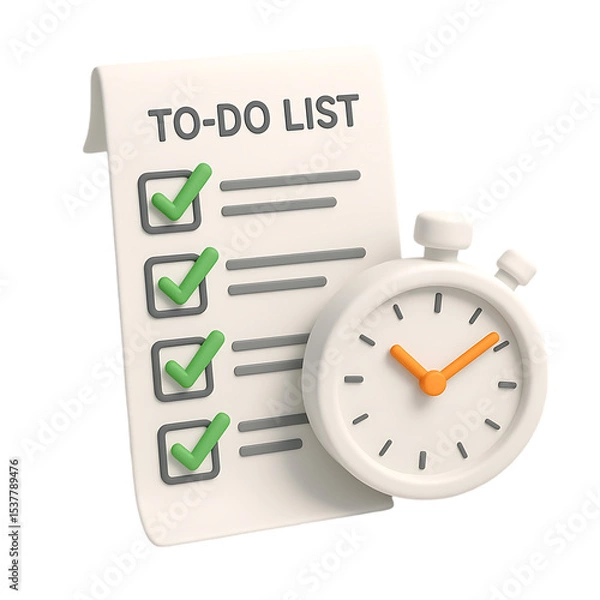 Fototapeta To-Do List with Stopwatch – 3D Task Management Icon 3d White paper task management todo check list, fast summary
