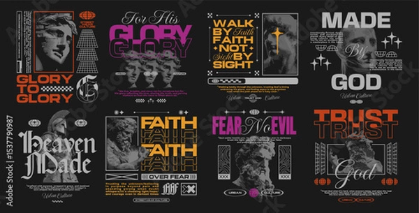 Fototapeta Christian streetwear t-shirt design bundle, Faith urban design set for print, Renaissance statue graphic tee shirt packs, Christianity graphic for apparel, Christian quotes collection for poster