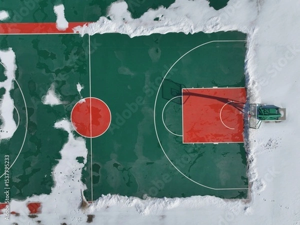 Obraz The school's basketball court in winter, the basketball court is covered with snow
