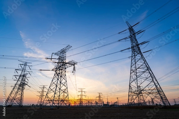 Obraz The pylons are in the evening, Substation in the evening, High voltage substation and beautiful sunset glow