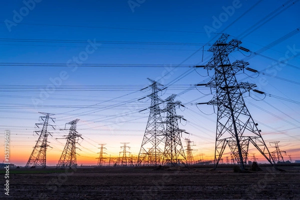 Obraz The pylons are in the evening, Substation in the evening, High voltage substation and beautiful sunset glow