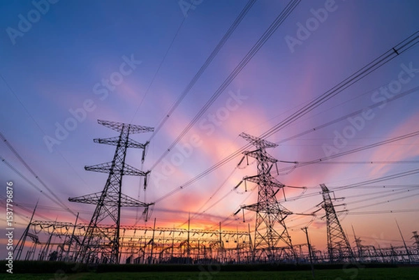 Obraz The pylons are in the evening, Substation in the evening, High voltage substation and beautiful sunset glow