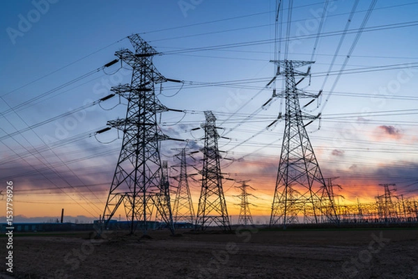 Obraz The pylons are in the evening, Substation in the evening, High voltage substation and beautiful sunset glow