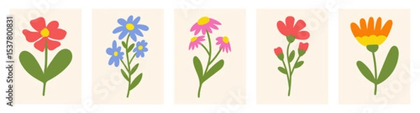 Fototapeta Set abstract floral backgrounds. Cute colorful bloom flowers on a beige background. Trendy groovy posters. Vector illustration