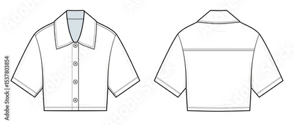 Fototapeta Minimal Cropped Shirt Technical Fashion Illustration. Button-Up Short Sleeve Shirt Vector Template. Front and Back View. Clean Yoke Detail. Boxy Fit. Women’s Wear. CAD Mockup Set.