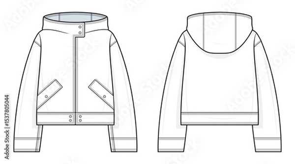 Fototapeta Hooded Snap-Front Jacket Technical Fashion Illustration. Cropped Jacket with Angled Flap Pockets Vector Template. Relaxed Fit. Adjustable Hem Tabs. Women’s Outerwear. CAD Mockup Set.
