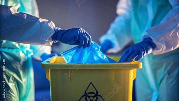 Obraz Biohazard waste disposal medical concept with gloved hands and protective suit healthcare setting