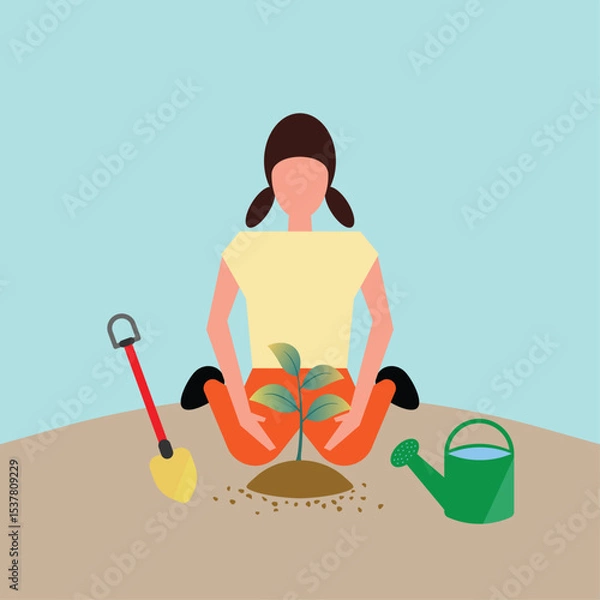 Obraz Vector illustration of a woman planting a small tree, symbolizing environmental care and sustainability. Surrounded by a shovel and watering can, it promotes eco-awareness and green living concepts.