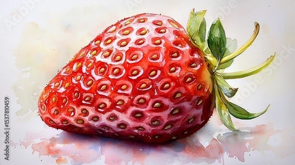 Fototapeta Detailed illustration of a single strawberry.  A vibrant, realistic depiction of a whole strawberry, showcasing its textured skin, seeds, and leaves. 