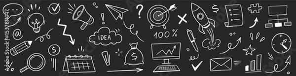 Fototapeta Chalk business board sketch icon set. Hand drawn chalkboard frame, bulb, puzzle and arrow for plan marketing idea. Business chart, pencil drawing, office success and internet. Vector illustration