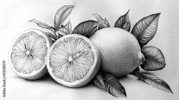 Fototapeta Detailed pencil sketch of sliced lemons with leaves.  A highly realistic portrayal of citrus fruit, showcasing intricate details of the peel, flesh, and leaves