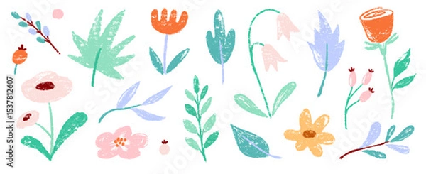 Fototapeta Flower crayon watercolor spring floral set. Hand drawn pastel crayon flower, leaf, plant with chalk texture. Cute nature background for kid, child, garden doodle element design. Vector illustration