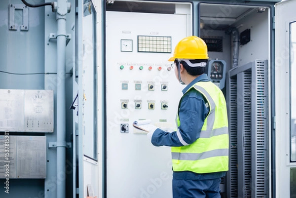 Fototapeta Engineer is working on high voltage power substation inspection to check infrastructure and ensure safety and functionality of electrical system