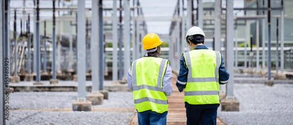 Fototapeta Engineer is working at high voltage power substation wearing safety gear while conducting inspection and check of electrical infrastructure to ensure proper operation and safety