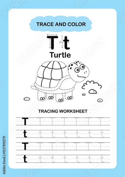 Fototapeta Illustration Isolated Animal Alphabet Trace and color Letter T-Turtle