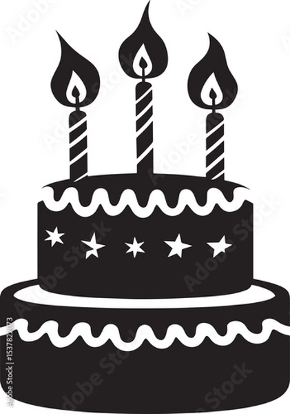 Fototapeta A black and white silhouette of a birthday cake with three lit candles on top.